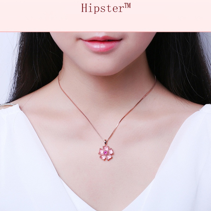 Light Luxury Socialite Style Pink Crystal Peach Blossom Pendant Rose Gold Necklace