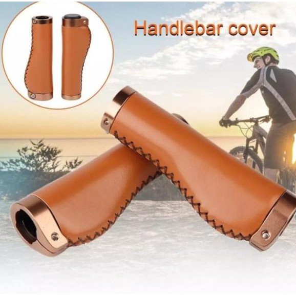 Handgrip Leather PU Double Lock Grip Handlebar Sepeda Hand Grip Sepeda Coklat