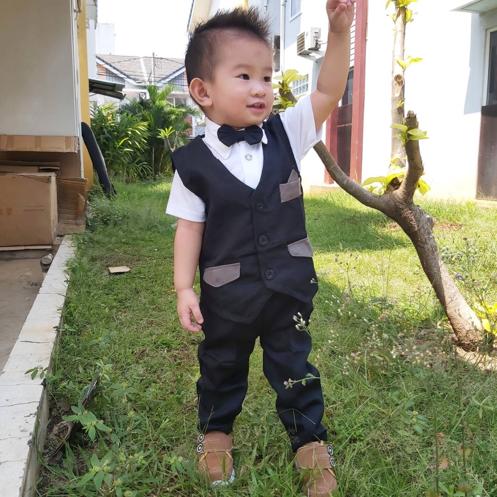 Setelan Jas Vest Pesta Rompi Anak laki laki Rompi ukuran besar 2~4.5 th Tuxedo Dasi Panjang Katun Fashion Kids Trendi