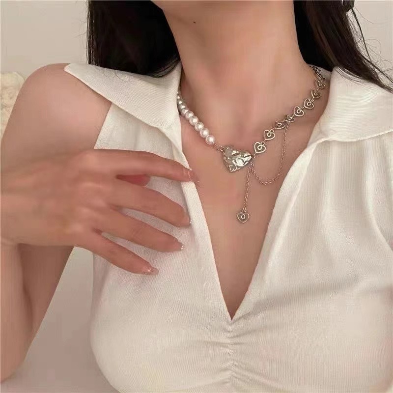 Angel Pearl Necklace Elegant Korean Style Heart Shape Chain Silver Pendant Women Fashion Accessories