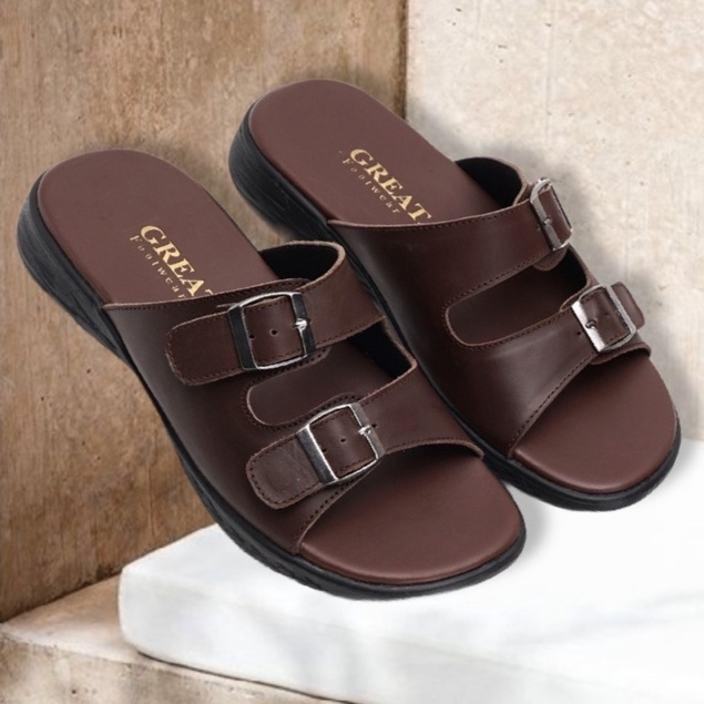 MOZZA BROWN (KULIT ASLI) |ManNeedMe x GREATA| Sandal Pria Casual Sendal Slip On Kulit ORIGINAL