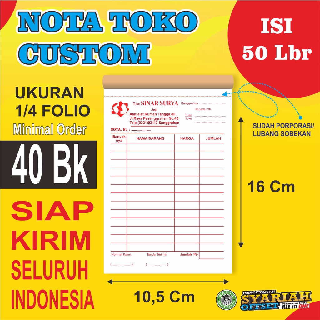 

NOTA TOKO OLSHOP UKURAN 1/4 FOLIO BEBAS PILIH WARNA