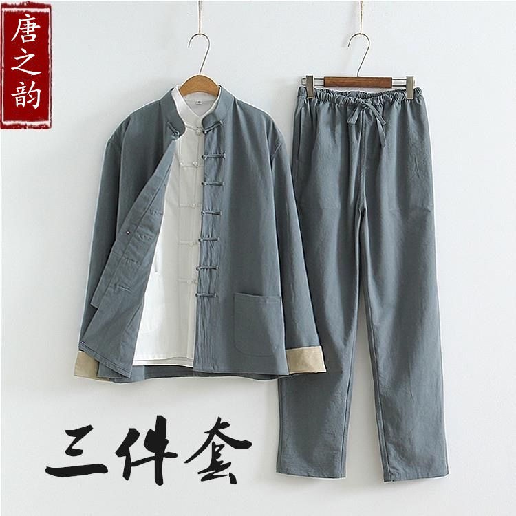 Jas pria, setelan teh pria Cina, katun dan linen gaya kuno kostum tiga potong awam, meditasi Cina