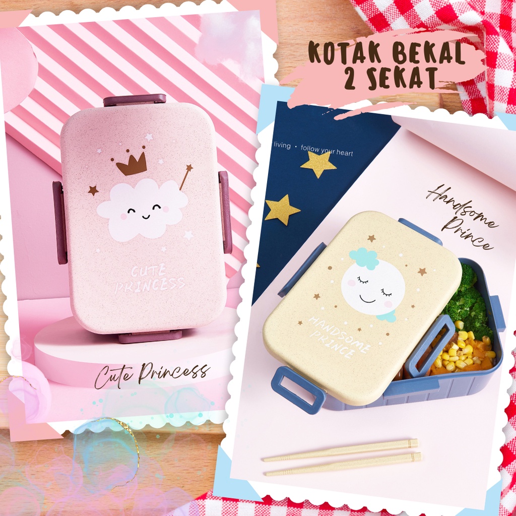 Mikusoo Kotak Bekal Makan Anak Tempat Makan Anak 2 Sekat  Lunch Box Rabbit Bear Motif Kelinci Beruang