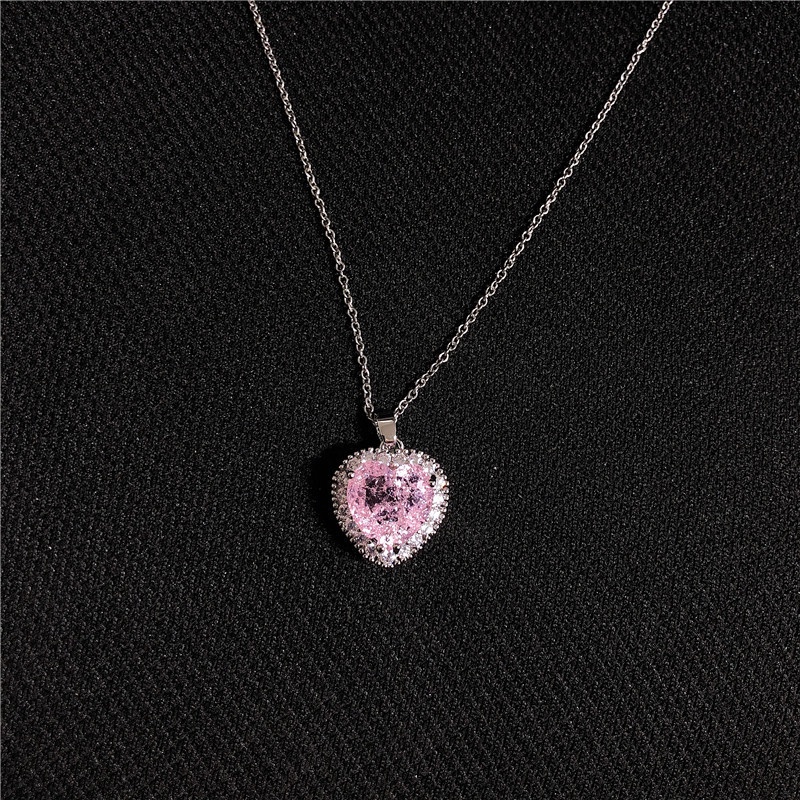 Kalung Rantai Klavikula Desain Hati Aksen Berlian Zirkon Warna Pink Gaya Jepang Korea Selatan Untuk Perempuan