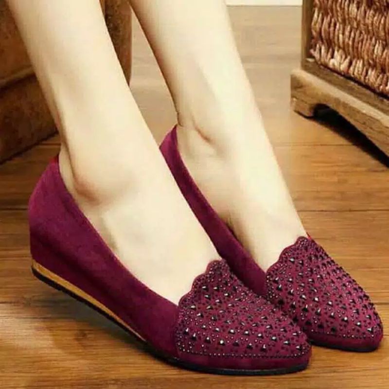 Sepatu Wedges Wanita Js09 Suede Hitam Cewek Casual Santai Kerja Formal Fashion Murah Kekinian