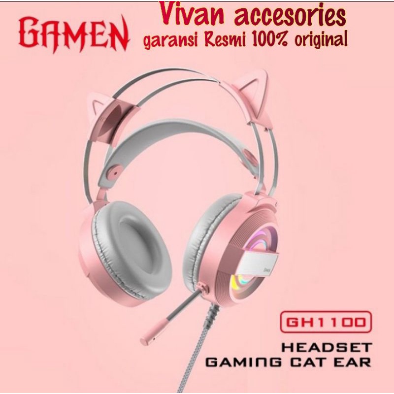 Gamen GH1100 Headset Earphone Headphone Gaming cat Ear Pink LED RGB Wired pink