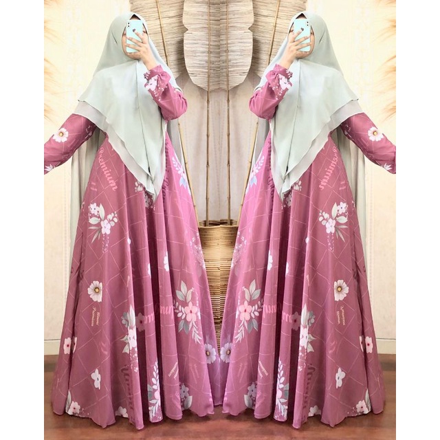 gamis syari ummi 026 printing pink cantik keren mewah pesta batik abstrak formal kondangan premium b