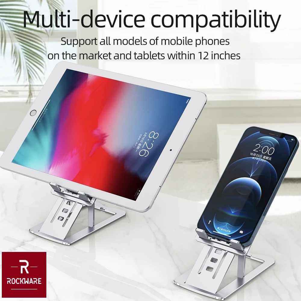 ROCKWARE Slim Folding Metal Desktop Stand - Mobile Phones and Tablets