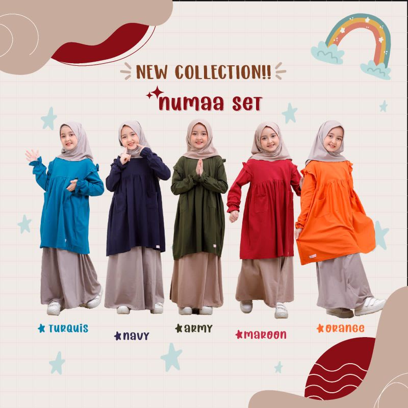 SETELAN BAJU MUSLIM ANAK PEREMPUAN 2-10 THN GAMIS SET HIJAB NUMAA SET BY KAFFAH ORI TERBARU