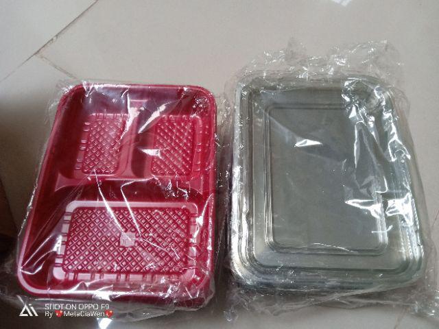 Tray Mika Bento Sekat 3 Merah Lunch Box Kotak Makan
