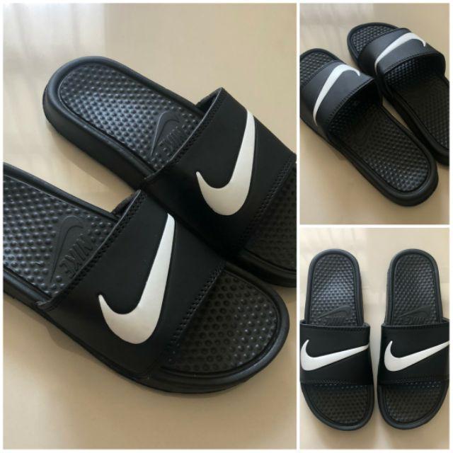 sandal nike benassi swoosh premium original pria wanita-HITAM PUTIH