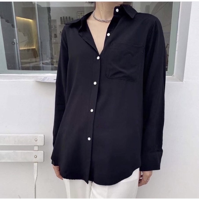 kemeja pocket / casual kemeja wanita / kemeja rayon / kemeja polos hitam/ kemeja hitam rayon