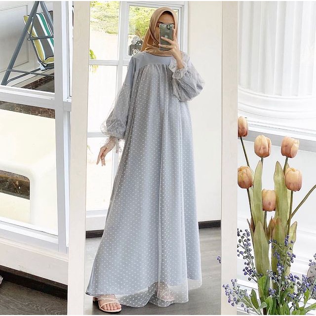 Hanabi Dress Kondangan Mewah Bahan Moscrepe mix Tulle Dot Ukuran M - XXL / Dress Pesta Kekinian / Dress Wanita Muslim Terlaris / Dress Remaja / Dress Pesta Murah