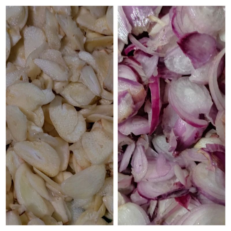 

bawang merah iris dan bawang putih iris (campur)