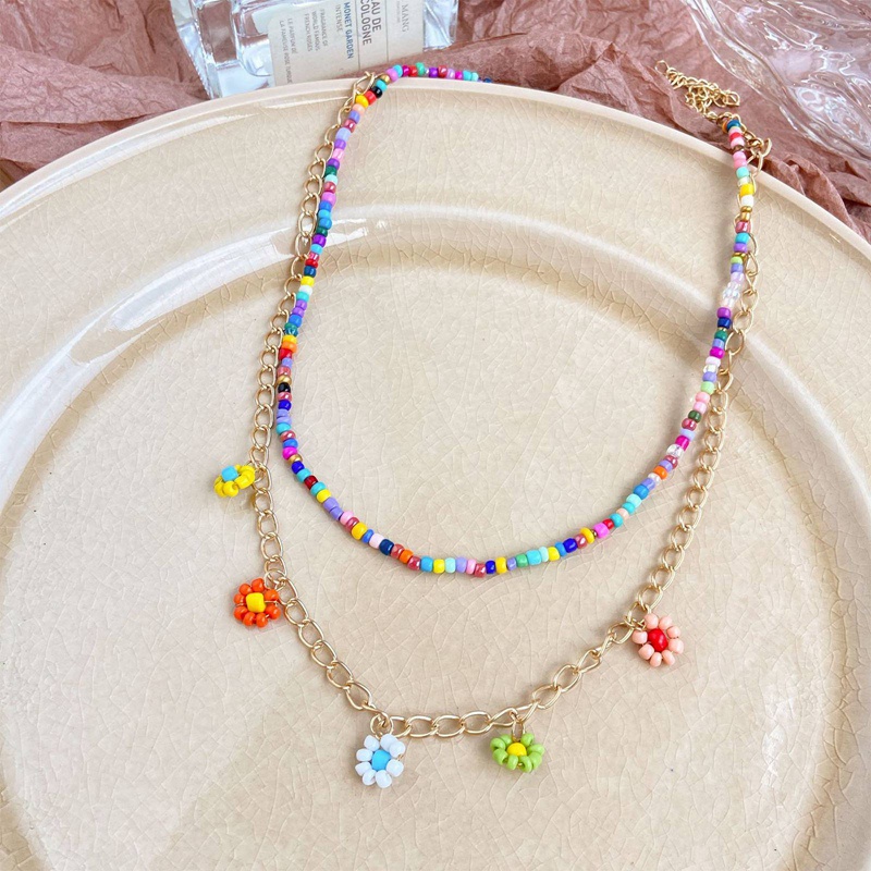 Fancyqube 2pcs / Set Kalung Rantai Manik-Manik Bunga Warna-Warni Handmade Gaya Bohemia Untuk Wanita