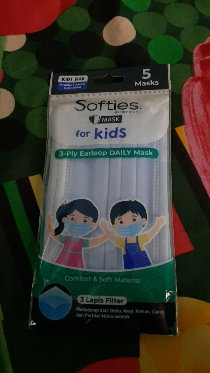 Masker Softies 3ply Isi 5pc Daily Kids Anak Hijab Pink Biru Earloop Head Loop Batik Parang Japanese