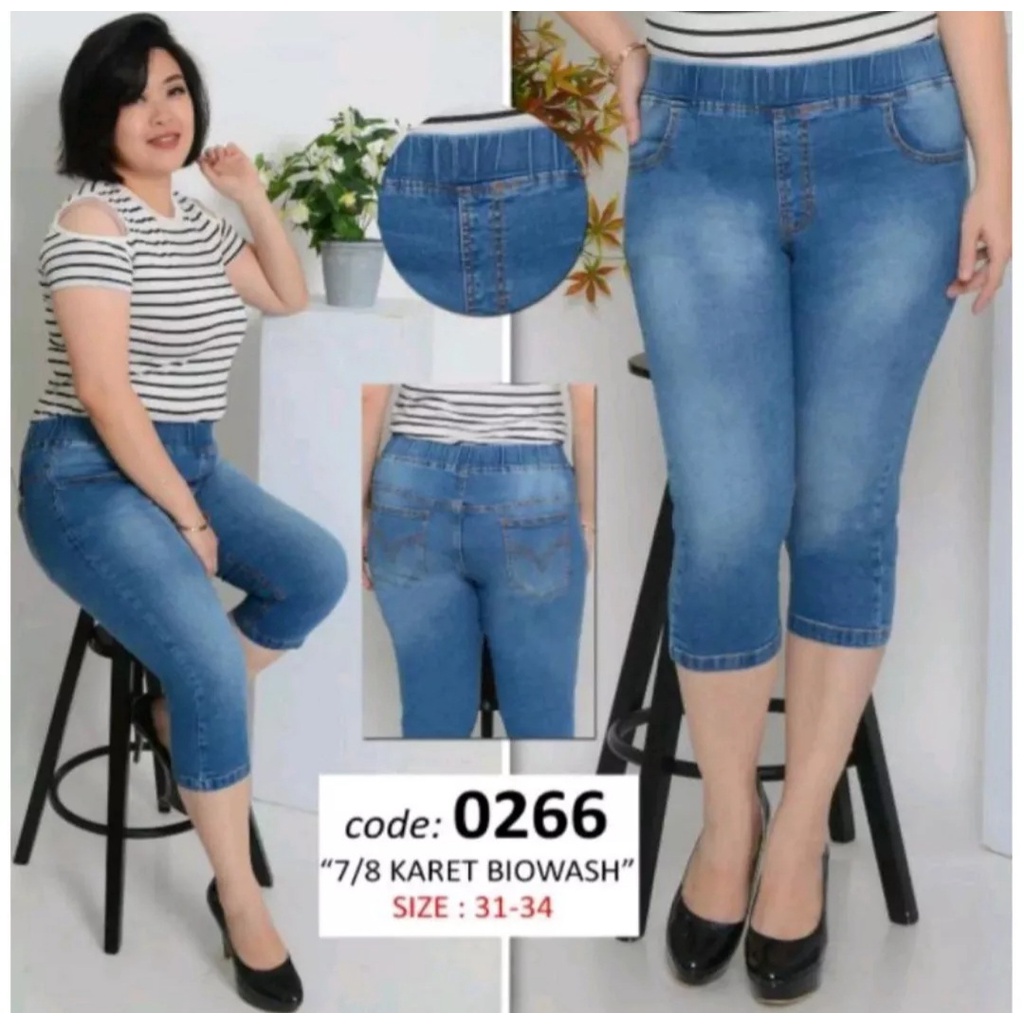 Celana Jeans Wanita 7/8 Full Pinggang karet Street Melar Halus