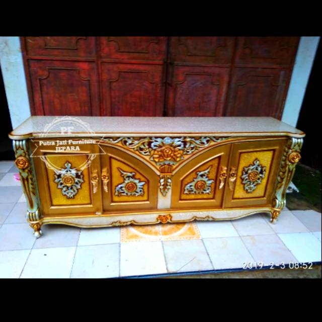 Buvet Ruang Tamu Kayu Jati - Lemari Hias/ Meja Untuk Tv Ukir Warna Kombinasi Murah
