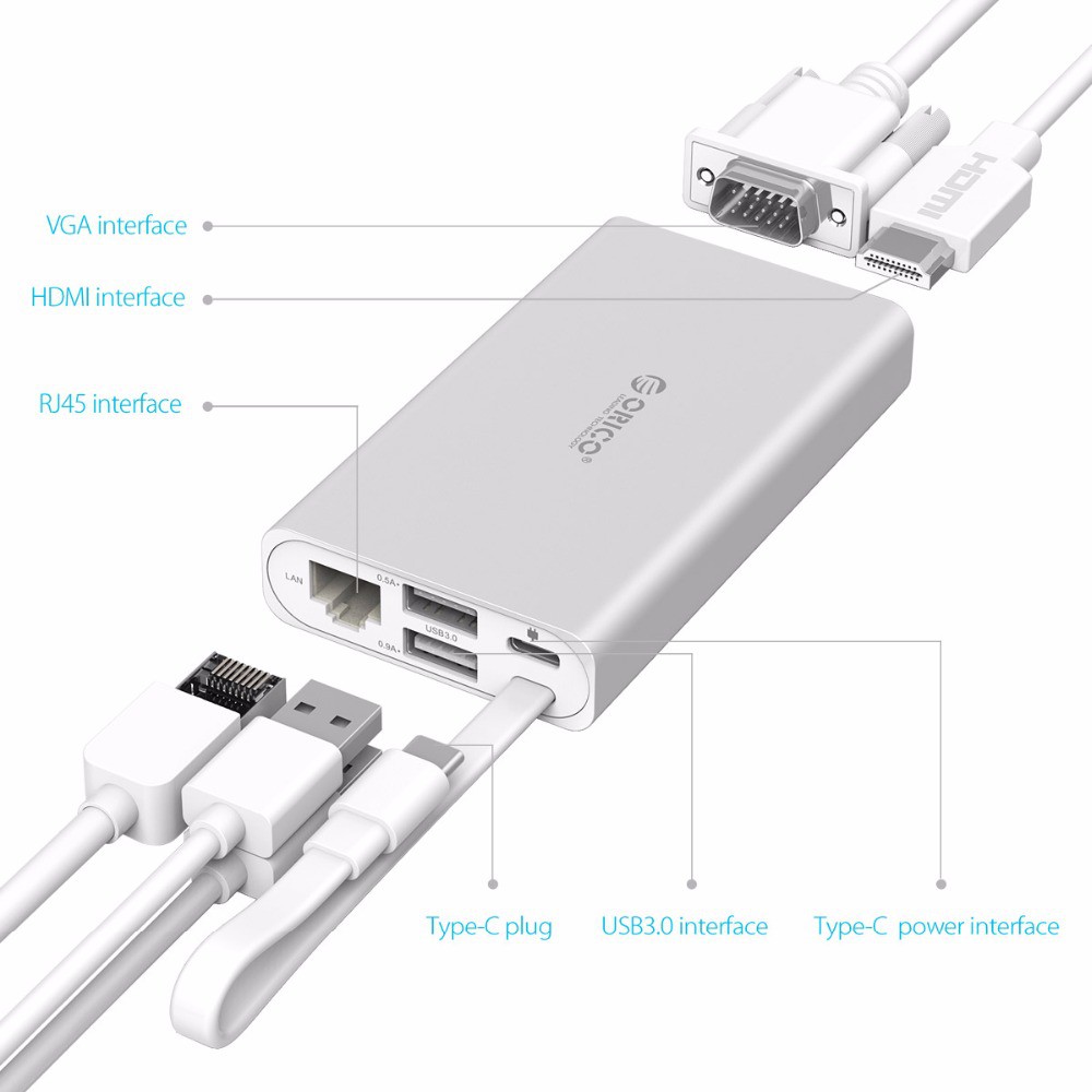 Type-C to hdmi vga lan rj45 usb A 3.0 hub usb-c pd converter orico 4k 30hz 1080p gigabit 5Gbps 5in1 docking station ads2 ads-2