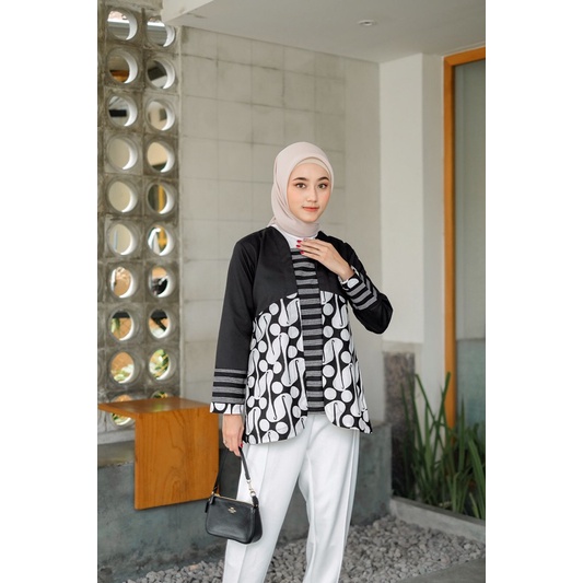 Batik Saka Blouse kerja monokrom wanita hijab hitam lurik parang big size bigsize jumbo hamil atasan