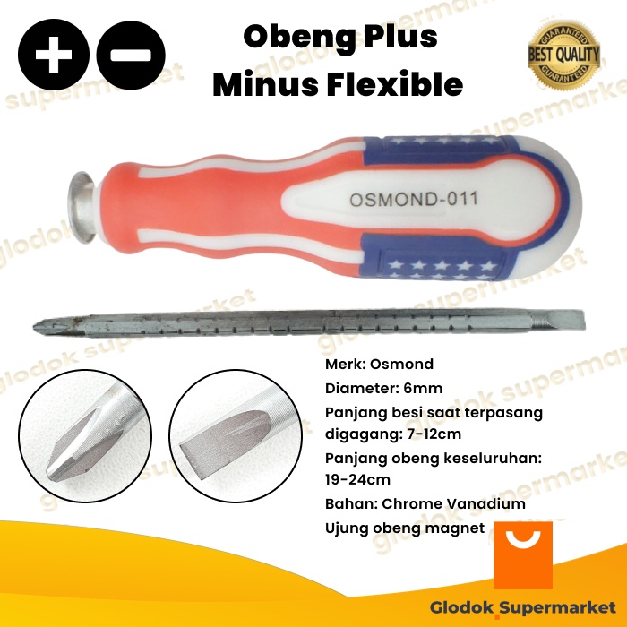 Obeng Bolak Balik Flexible Osmond Panjang 7-12cm Diameter 6mm Plus Minus Magnet 2 Way