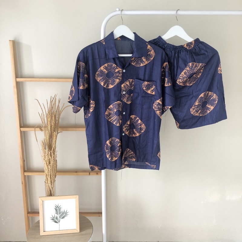 hirafa - One Set Setelan Atas Bawah Full Kancing / Baju Santai Tie Dye / Baju Wanita Pria-Shibori - Navy