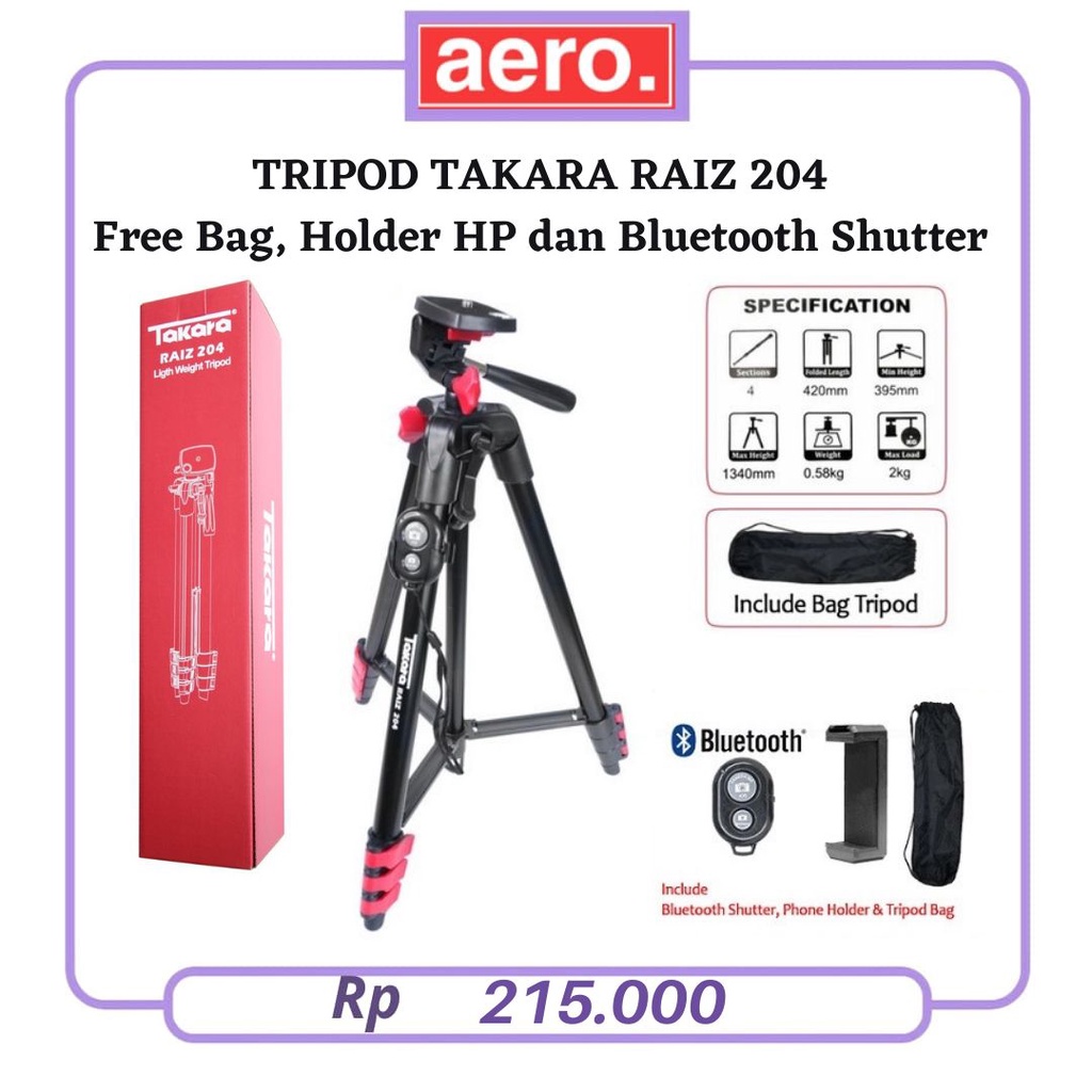 Tripod TAKARA RAIZ 204 Tripod Kamera HP Smartphone Tinggi 135cm Free Bag Pouch Holder HP Bluetooth S