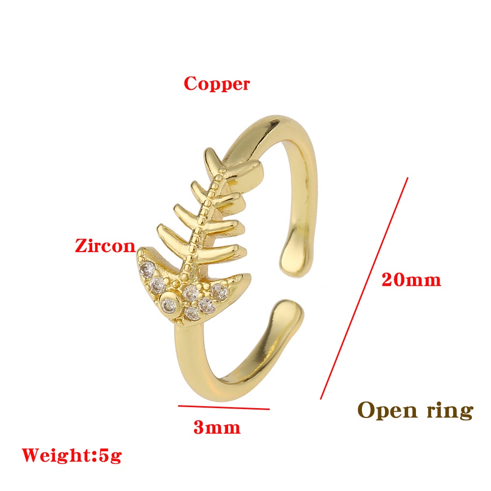 Ornamen tembaga mikro bertatahkan zircon ikan cincin berlapis emas membuka kecil jari cincin adjusta