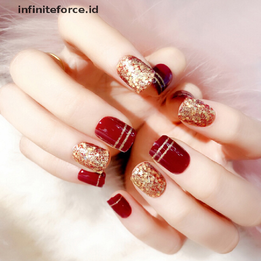 Infiniteforce.id 24pcs / Set Kuku Palsu Full Cover Dengan Lem Belakang Untuk Nail Art / Manicure