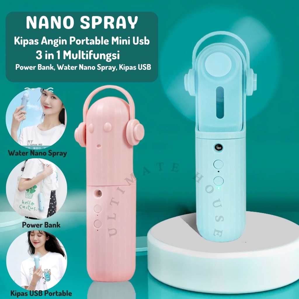 Nano Spray Powerbank Cute  3 in 1 Kipas Angin Portable Mini Usb  Aksesories Mini Fan Tali Gantung Serbaguna