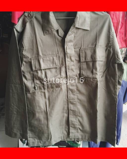 seragam baju setelan pdl lengan panjang kempol hijau lumut bahan drill satpol pp menwa