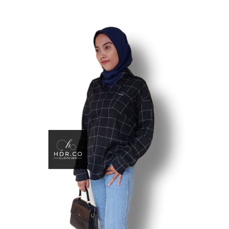 HDR.CO Kemeja Flanel Wanita Oversize distro Lengan Panjang Kemeja Flanel Kotak Kotak cewek