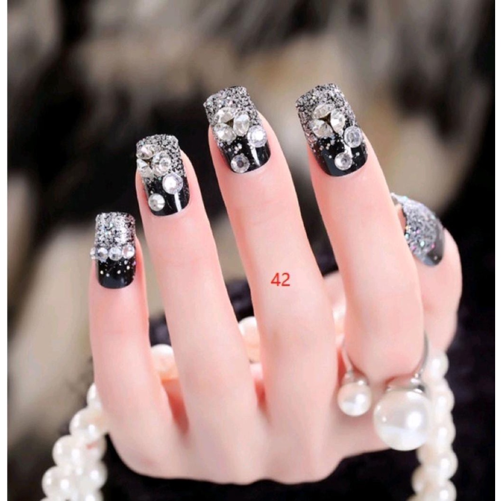 24PCS BLACK WEDDING FAKE NAILS / KUKU PALSU PERNIKAHAN HITAM PUTIH TILE KUKU PALSU RHINESTONE