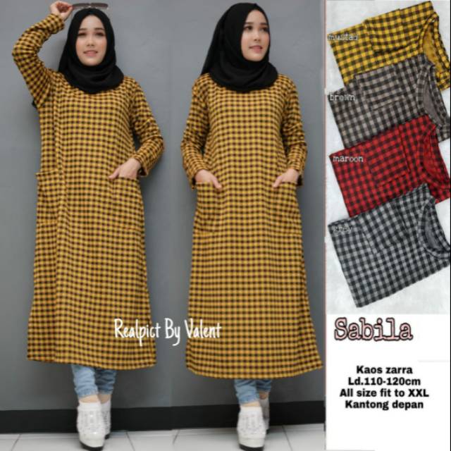 Long tunik Sabila motif kotak kotak. Baju tunik wanita