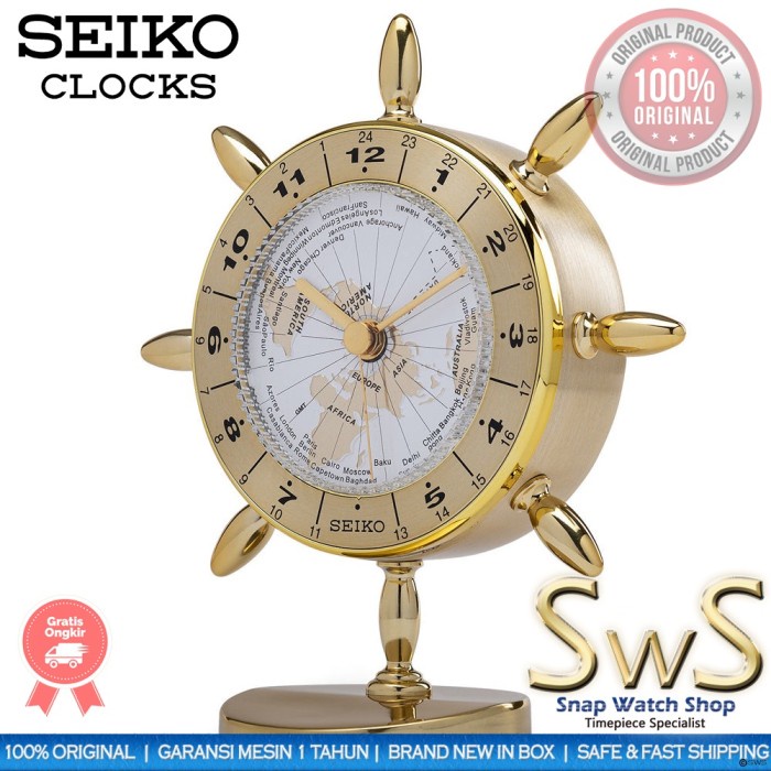 Seiko QHG107 World Time QHG107G Dial Rotasi Aluminium Case Jam Meja