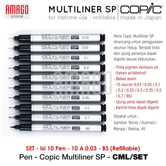 COPIC MULTILINER SP - SET 10A 0.03-BS (10 PCS - REFILLABLE) - CML/SET