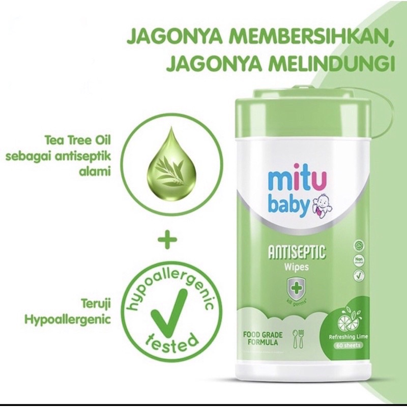 Mitu Baby Wipes Antiseptic 60S Botol Anti Kering Tisu Basah Tissu Bayi Antiseptik FOODGRADE Anti KUMAN