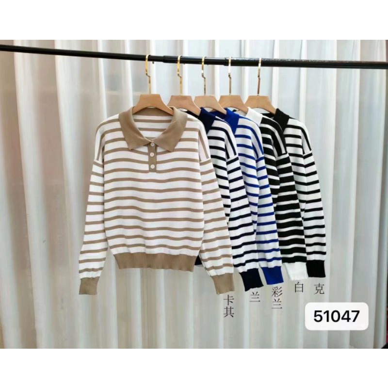 Polo Stripes Knit Import - Atasan Polo Rajut Wanita - Korean Polo Knit TM (51047)