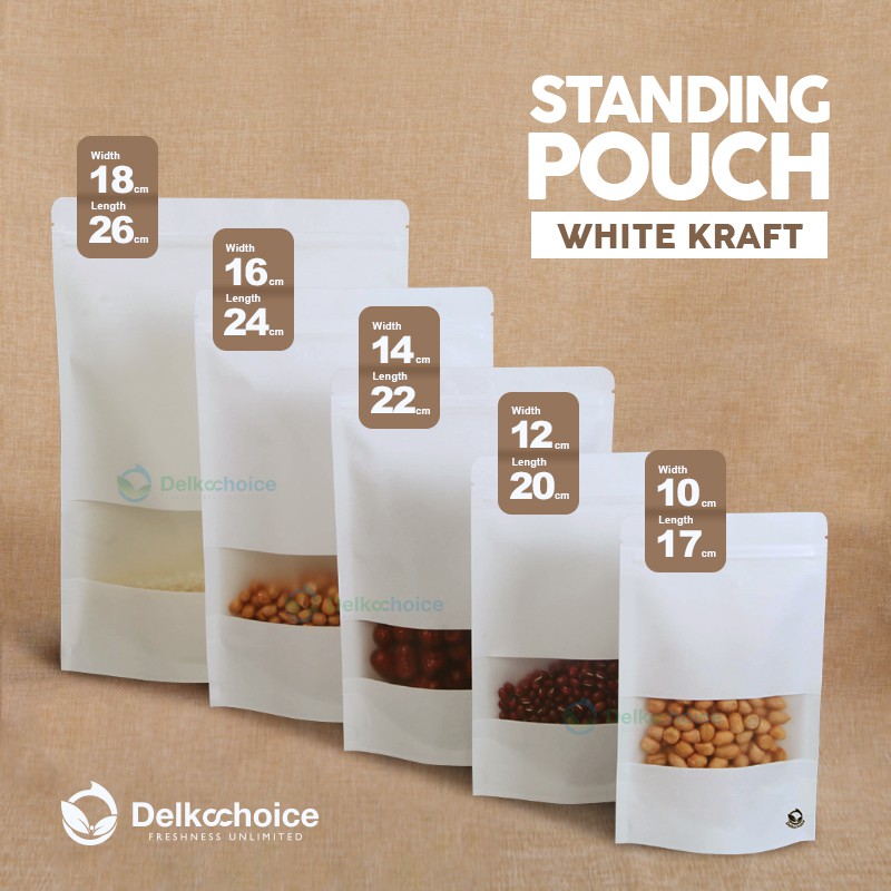 STANDING POUCH WINDOW ZIPLOCK WHITE KRAFT DELKOCHOICE