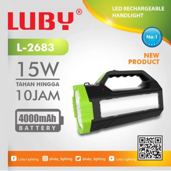 Luby Senter LED Super Terang 2in1 L2683 15W + Light SMD 36 LED 1500 Meter Rechargeable 10 JAM