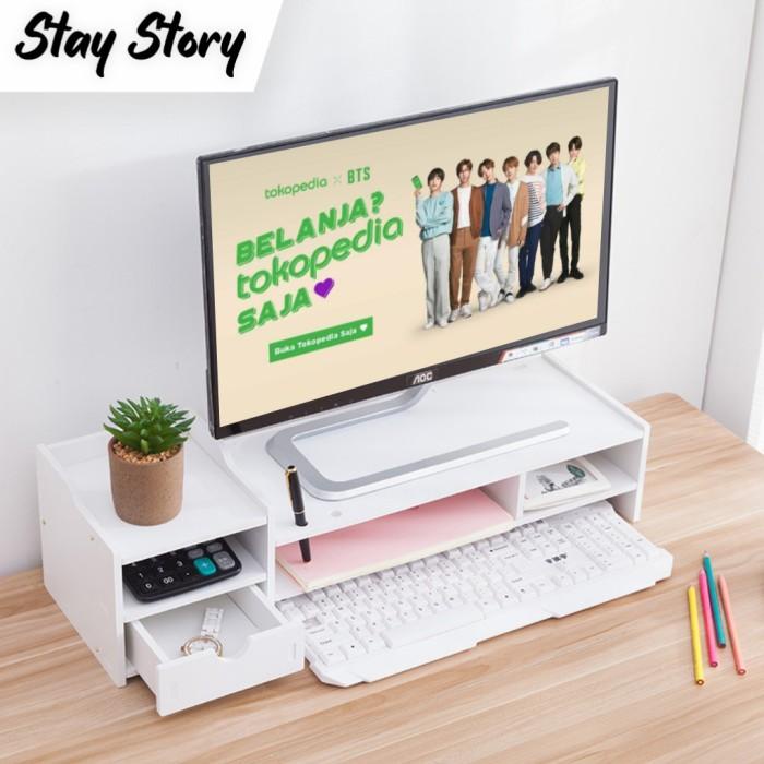 Rak Komputer Minimalis Meja Monitor Stand Kayu Vintage Shabby