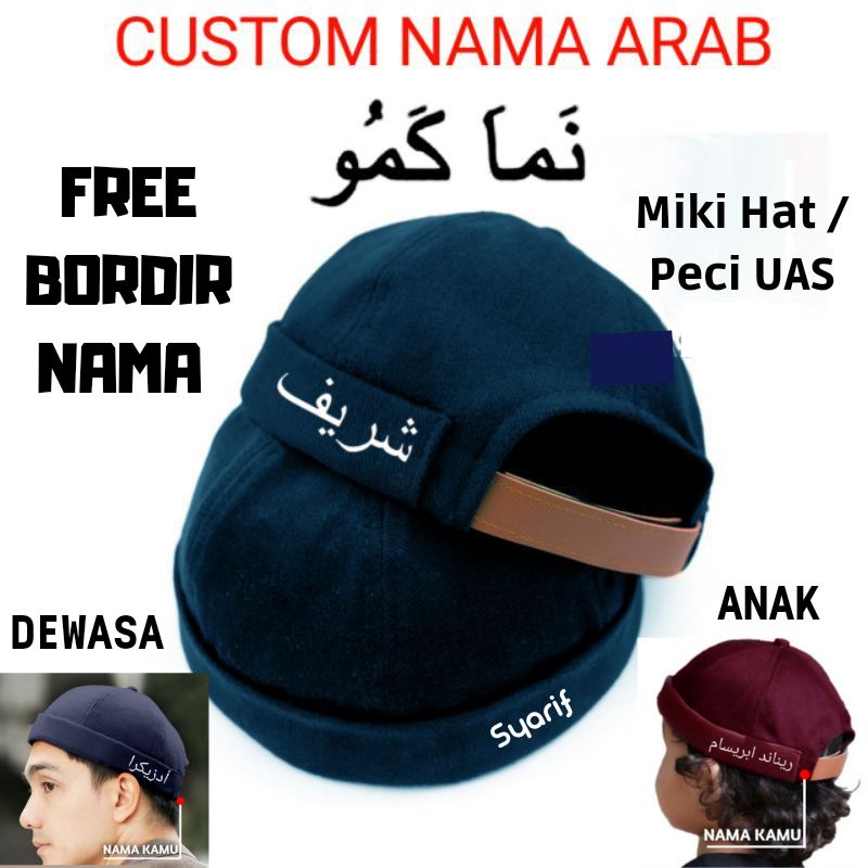 Custom Bordir nama Arab peci anak &amp; dewasa Peci UAS topi mika hat Premium