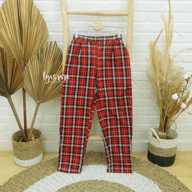 Plaid Pants Red - Tyasrara / Korean Pants / Plaid Pants / Celana Kotak-Kotak Wanita / Celana Katun /