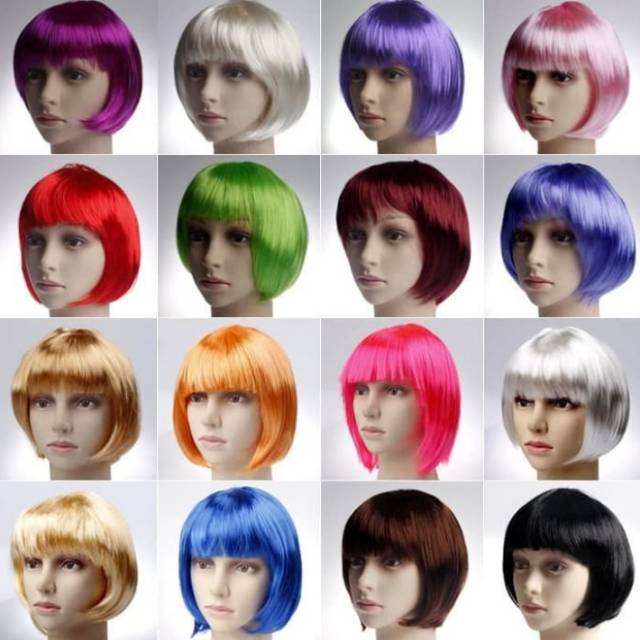 Wig rambut palsu pendek warna hitam putih merah gold silver gray wanita