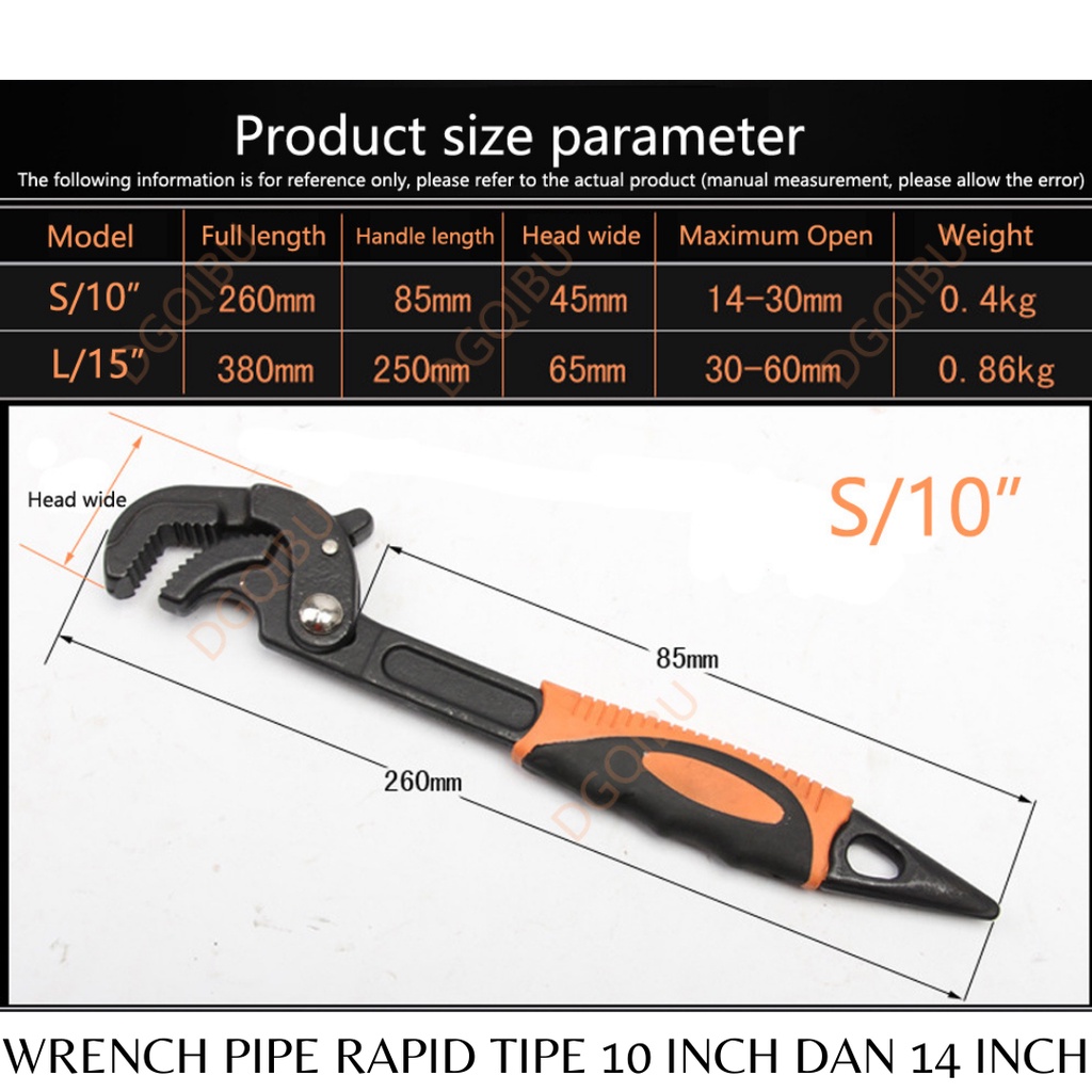 KUNCI PIPA LEDENG WRENCH PIPE  MODEL RAPID BUKAAN 14 MM - 30 MM 10 inch