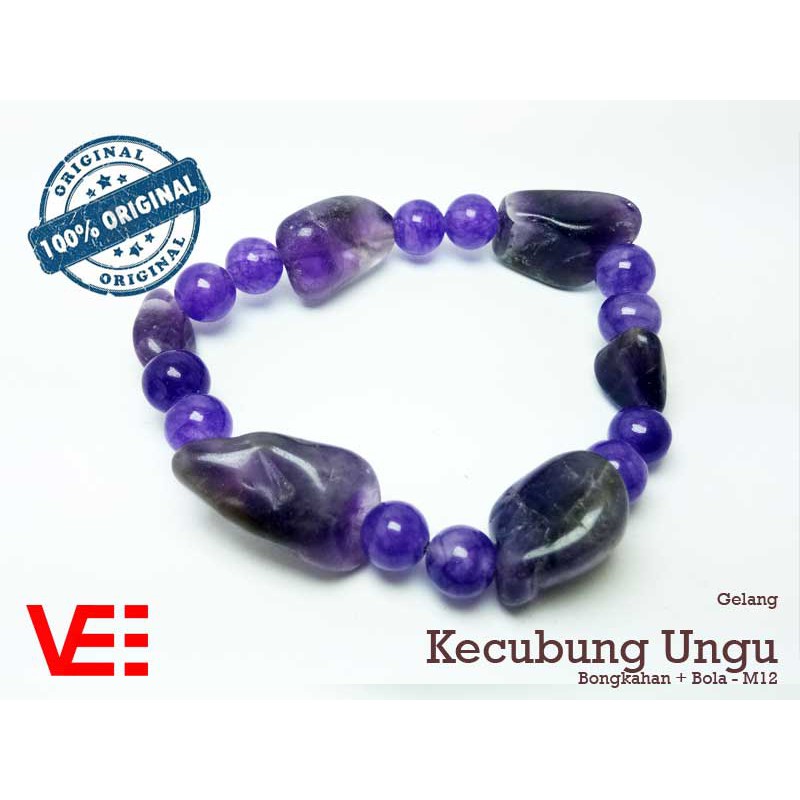 VeE Gelang  Batu Kecubung Ungu Bongkahan Asli Natural + Bola
