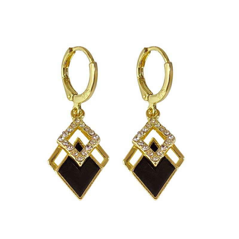 FerenHongXia Anting Berlian Imitasi Bentuk Double Diamond Warna Hitam Untuk Pernikahan