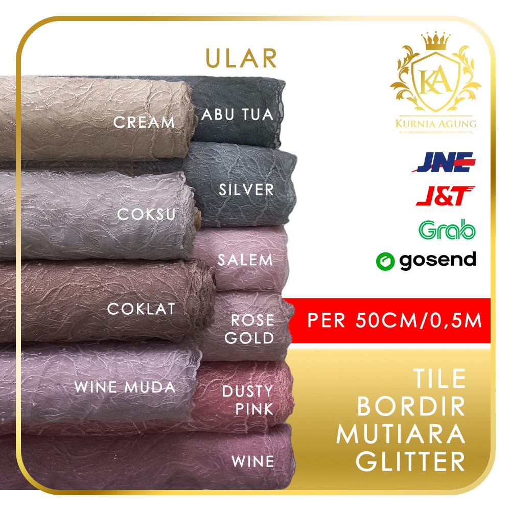 Kain Tile Bordir Mutiara Glitter per 50cm Bahan Kebaya Gaun Pesta Murah Lebar 125cm