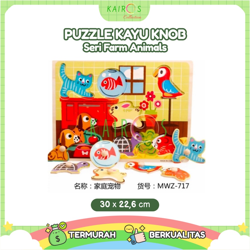 Puzzle Kayu Knob Farm Animal Puzzle Knop Kayu Anak